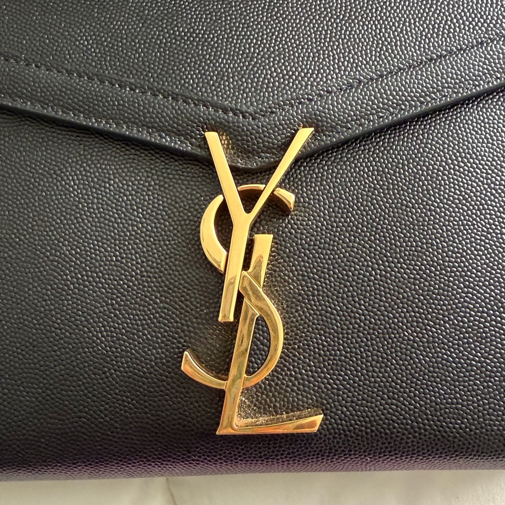 Saint Laurent Black and Gold Leather Clutch with YSL Emblem - Picture 2 of 8